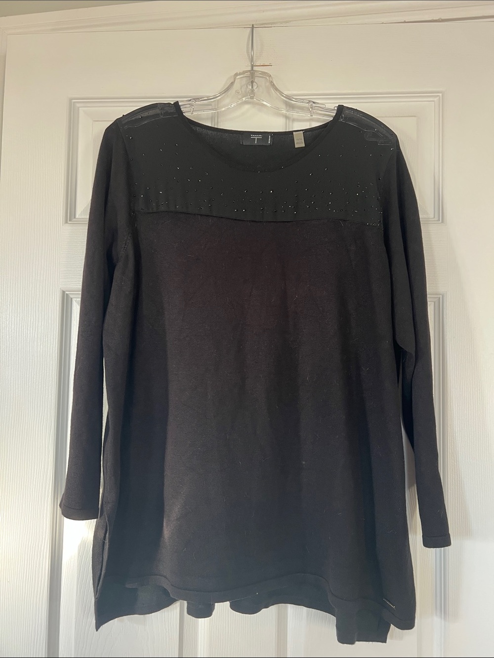 Tahari Black Long Sleeve Studded Yoke Tunic